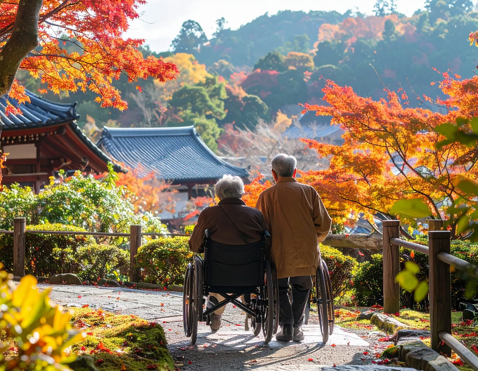 Couple visiting a Kyoto temple together, one of them using a wheelchair