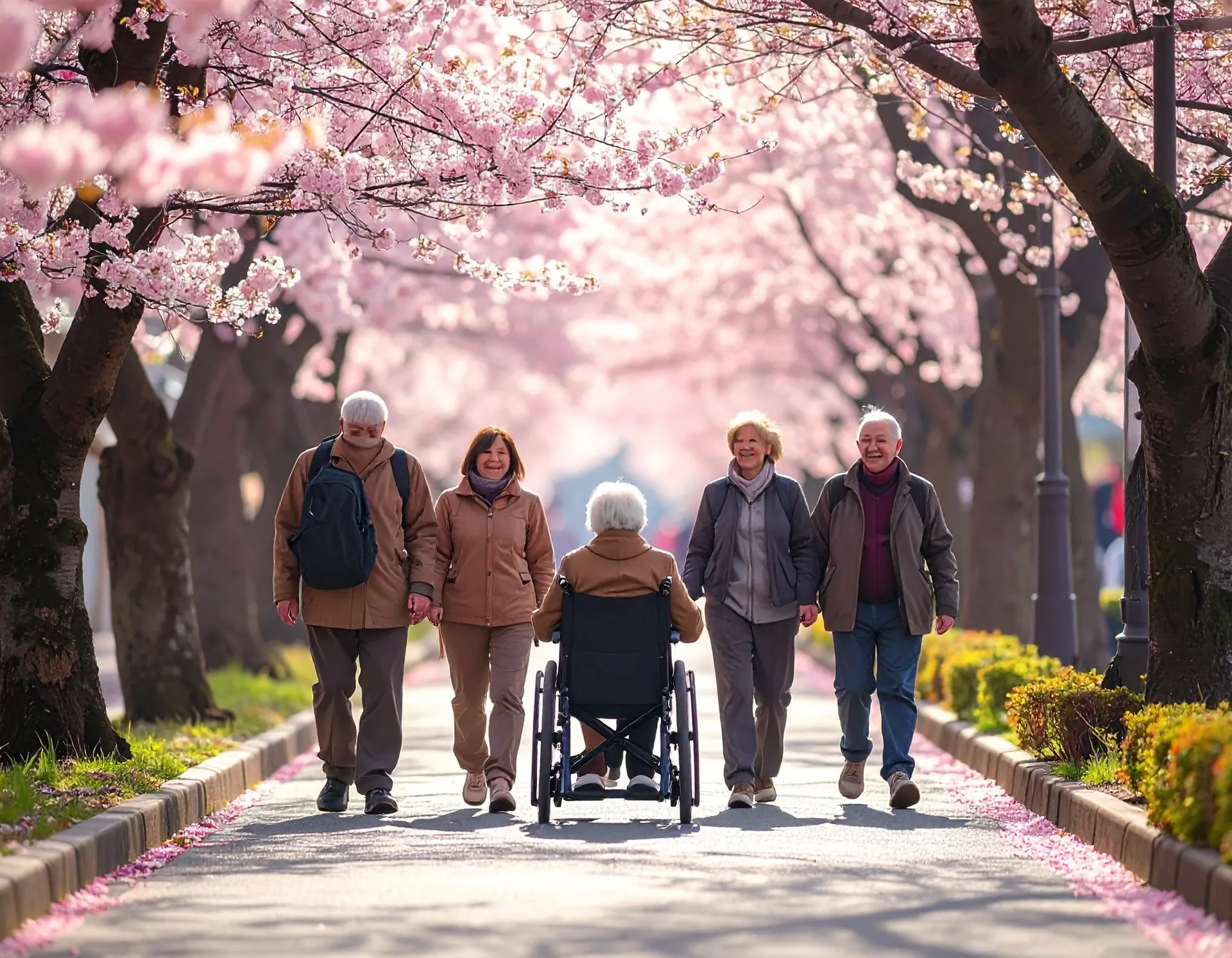 Group enjoying cherry blossoms together, including a wheelchair user