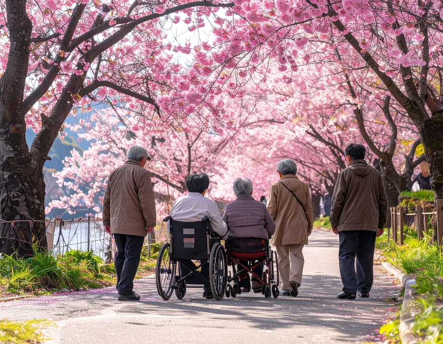 桜並木の参道を車椅子の方と一緒に歩く家族