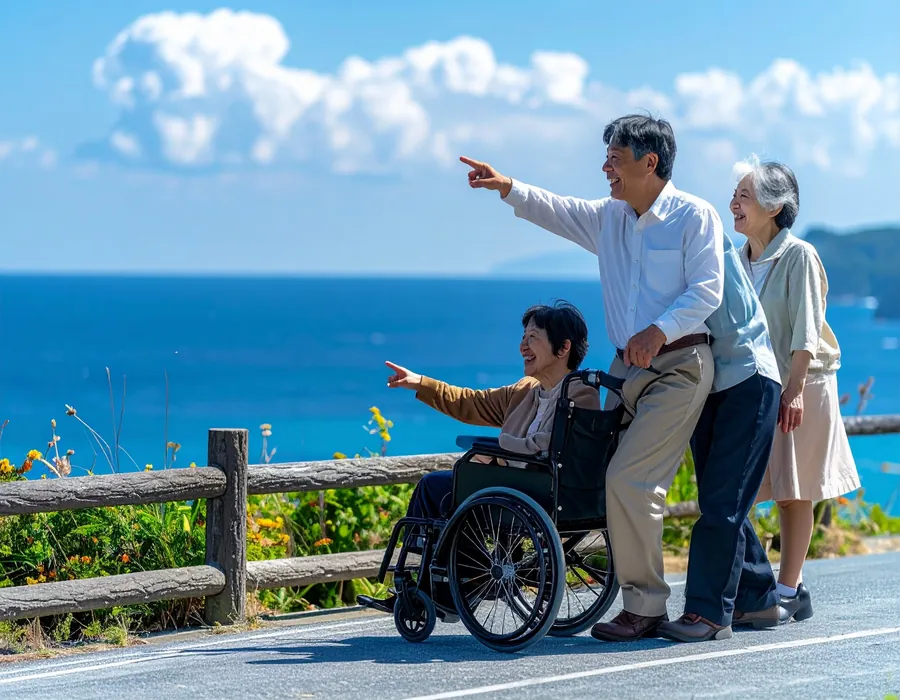 車椅子を押しながら海辺の景色を家族で楽しむ様子