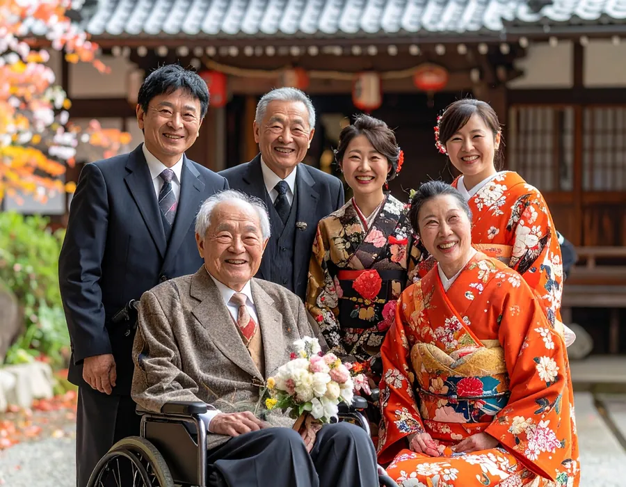 車椅子の祖父を囲む着物姿の家族の記念写真