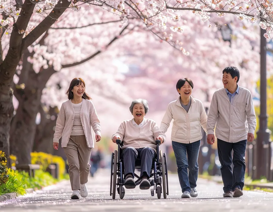 桜並木を車椅子の方と家族みんなで笑顔で歩く様子