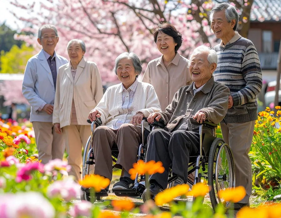 車椅子の方も一緒に花壇を楽しむ施設利用の様子