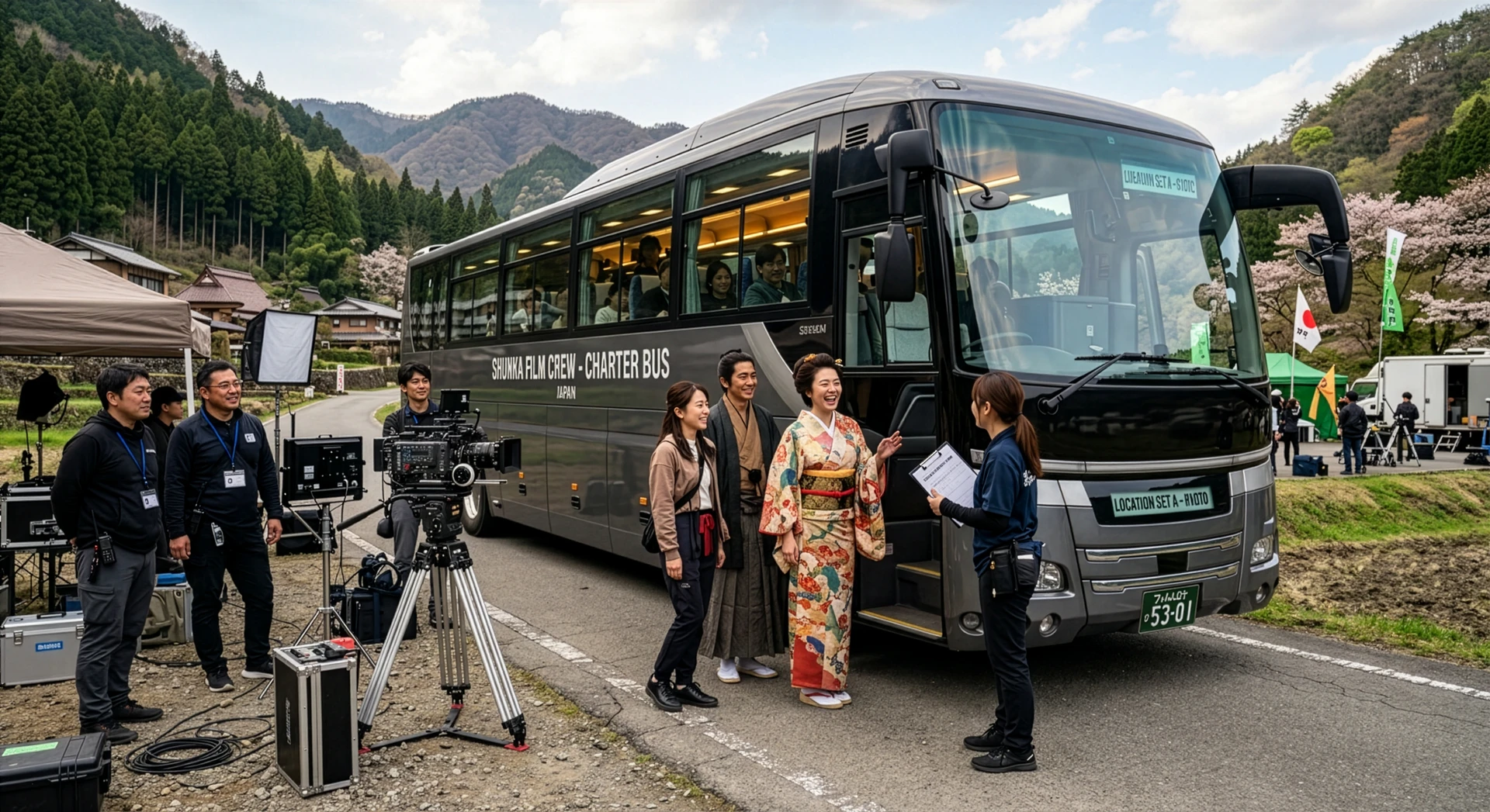 撮影機材を積み込むロケバス、日本のフィルムクルーが乗り込む様子